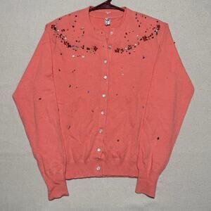VTG We 100% Cashmere Cardigan & Vest Set Long Sleeve Beads Pink Sz M Scotland